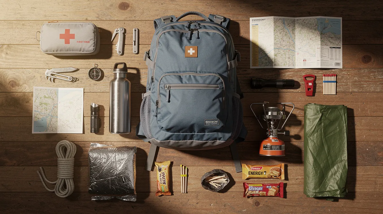 The image shows an organized backpack surrounded by various emergency supplies on a table, including a first aid kit, non-perishable food items, and a NOAA weather radio, all essential components of a well-prepared disaster supplies kit. Items like duct tape, medical supplies, and a manual can opener are also visible, emphasizing the importance of having a comprehensive survival kit ready for emergencies.