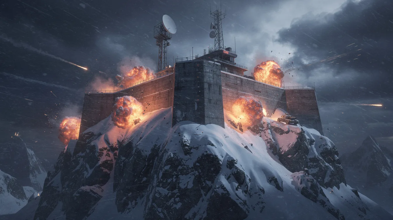 Die militärische Festung thront auf einem verschneiten Berggipfel, während ein heftiger Sturm tobt und Explosionen den Himmel erleuchten. Schneeverwehungen wirbeln um die Struktur, die in dieser dramatischen Szene an die spannungsgeladenen Momente aus einem Science-Fiction-Film erinnert.