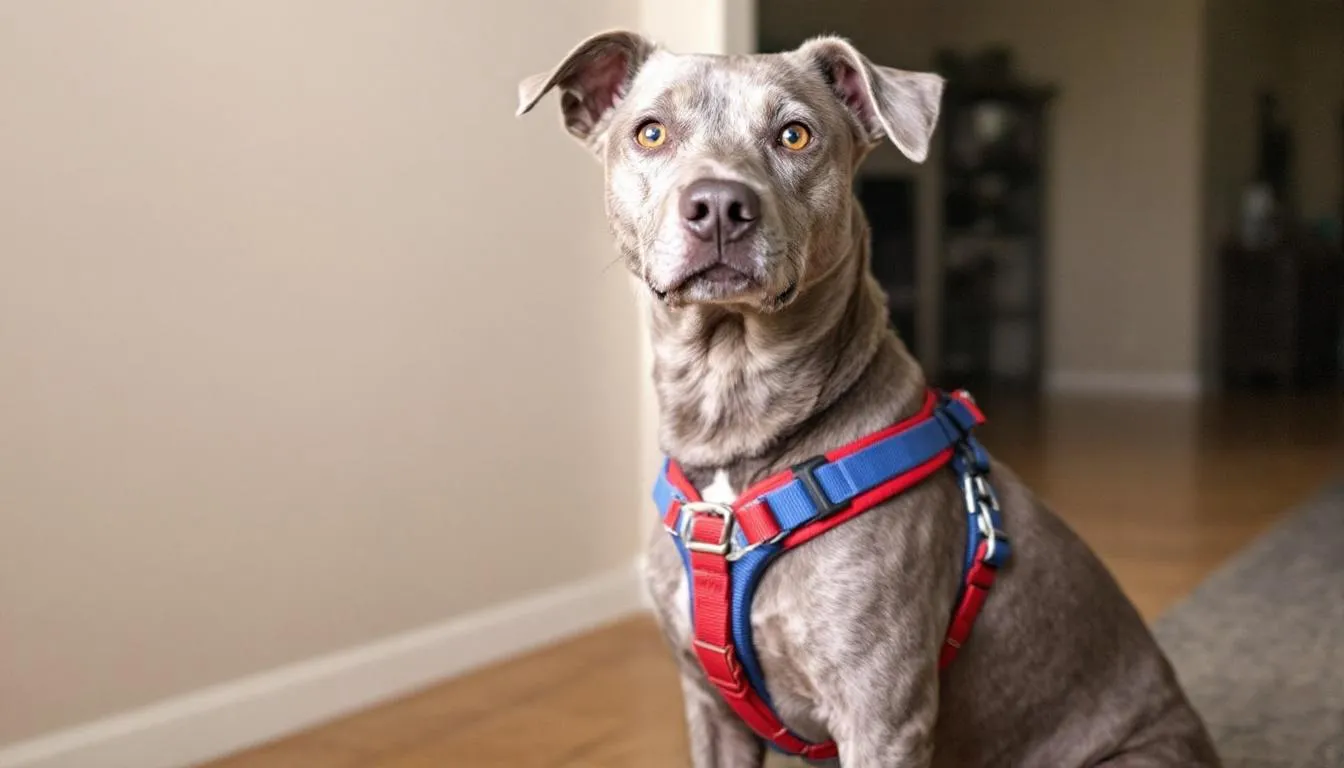 A comfortable dog is wearing a properly fitted harness, looking alert and at ease, which helps prevent chafing and irritation on the dog