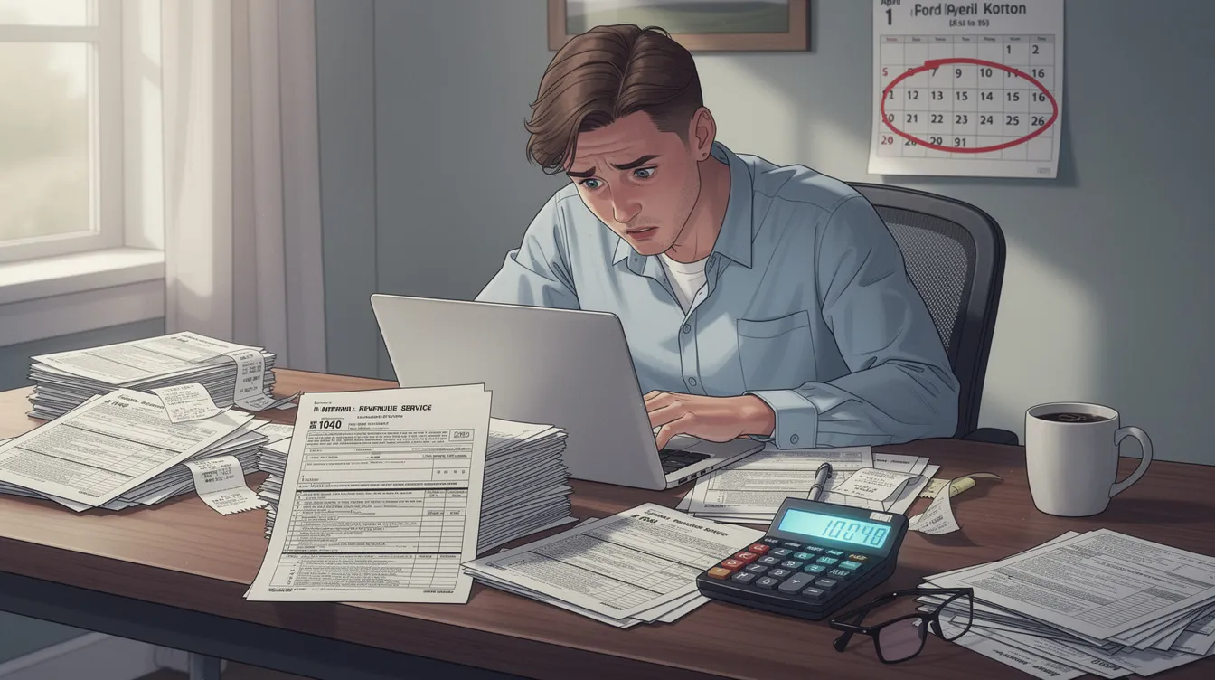 The image depicts a busy office scene during tax season, with professionals from CPA firms working on financial statements and tax preparation for small businesses. They are engaged in maintaining accurate financial records and utilizing accounting software to ensure compliance with tax laws while providing strategic guidance to business owners.