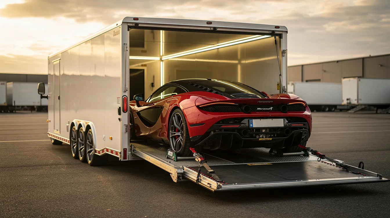 An enclosed car transport trailer is shown, featuring a sleek luxury sports car secured inside, ready for auto transport. This image highlights the secure and protective nature of enclosed car shipping services, ideal for valuable vehicles during transport.