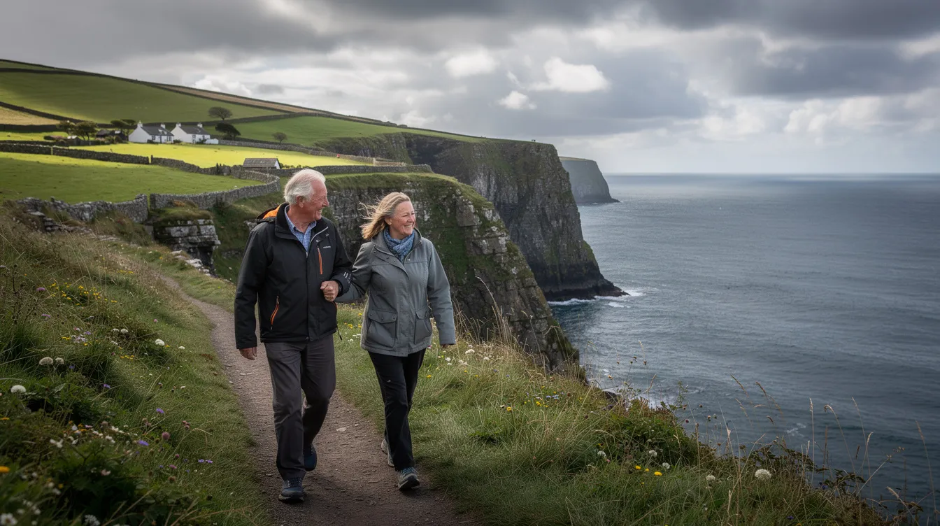 A retired couple strolls along a scenic coastal cliff path in Ireland, surrounded by lush green hills and breathtaking ocean views. This picturesque setting evokes a sense of tranquility, ideal for those considering their options for Irish residency or retirement visas.