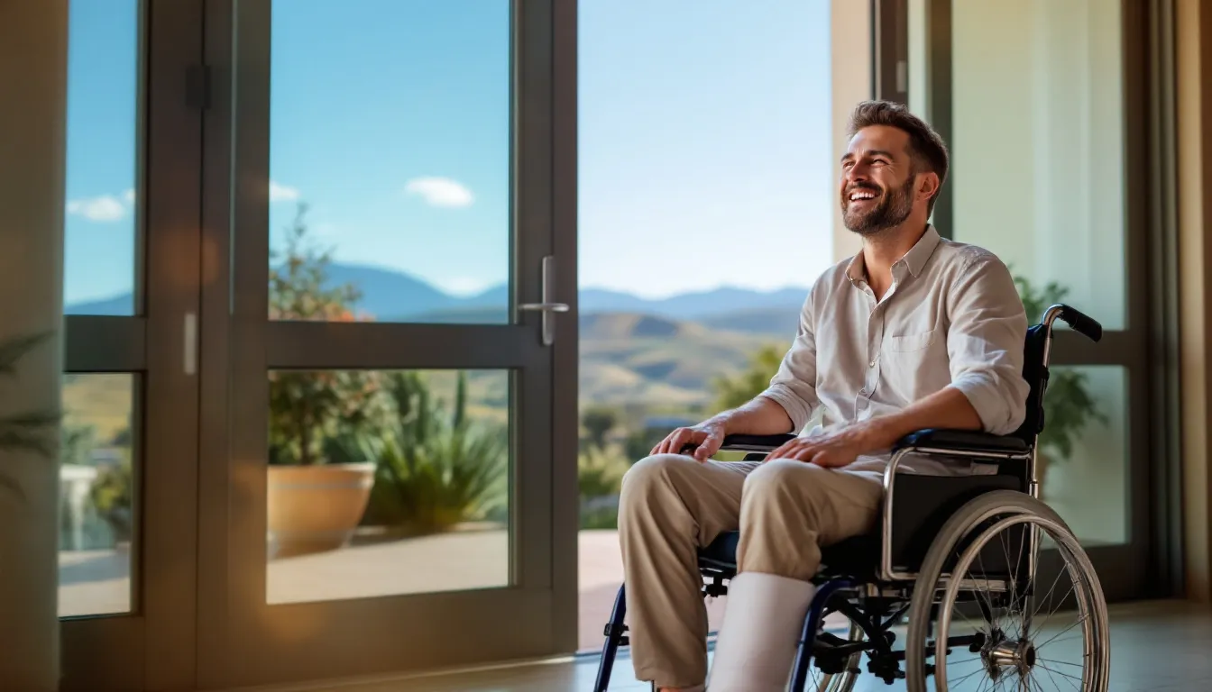 A client of attorney Steve Johnston is leaving the hospital in a wheelchair, with a cast on their leg, while the scenic backdrop of La Junta, Colorado, is visible behind them. This image highlights the challenges faced by injured workers navigating the workers compensation process and seeking legal assistance for their personal injury claims.