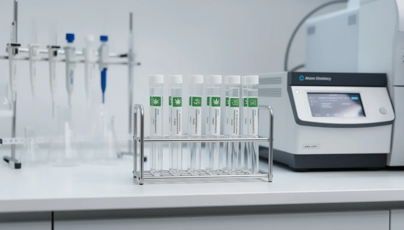 Das Bild zeigt eine Anordnung von Laborgeräten und Probenröhrchen, die für die Analyse von Cannabinoiden, einschließlich δ8 THC und Delta 9 Tetrahydrocannabinol, verwendet werden. Die Geräte sind auf einem Tisch platziert und vermitteln den Eindruck einer professionellen Umgebung zur Untersuchung der Wirkungen und Gehalte von Medizinalcannabis.