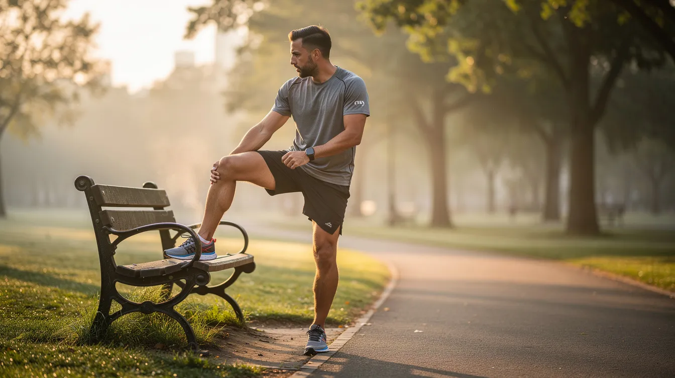 A man is stretching outdoors in a green park before starting his morning run, showcasing a focus on fitness and overall health. This scene emphasizes the importance of regular exercise for boosting energy levels and supporting testosterone production, which can enhance muscle growth and improve male sexual health.