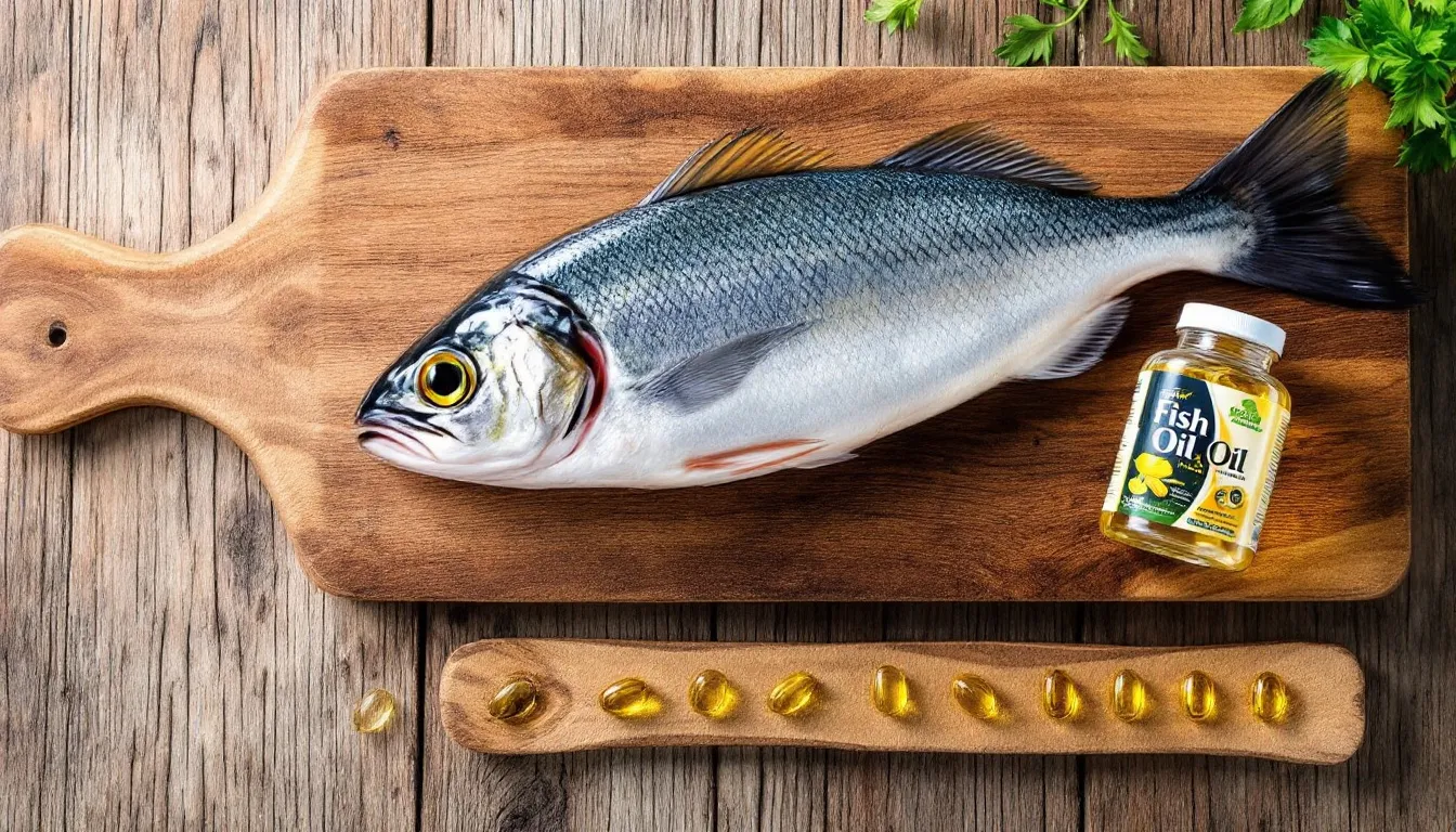 The image features fresh fish alongside fish oil capsules, both neatly arranged on a wooden surface, highlighting the potential benefits of omega-3 fatty acids for joint health and pain relief in conditions like rheumatoid arthritis and osteoarthritis. These dietary supplements are often used to ease joint pain and support overall joint function.