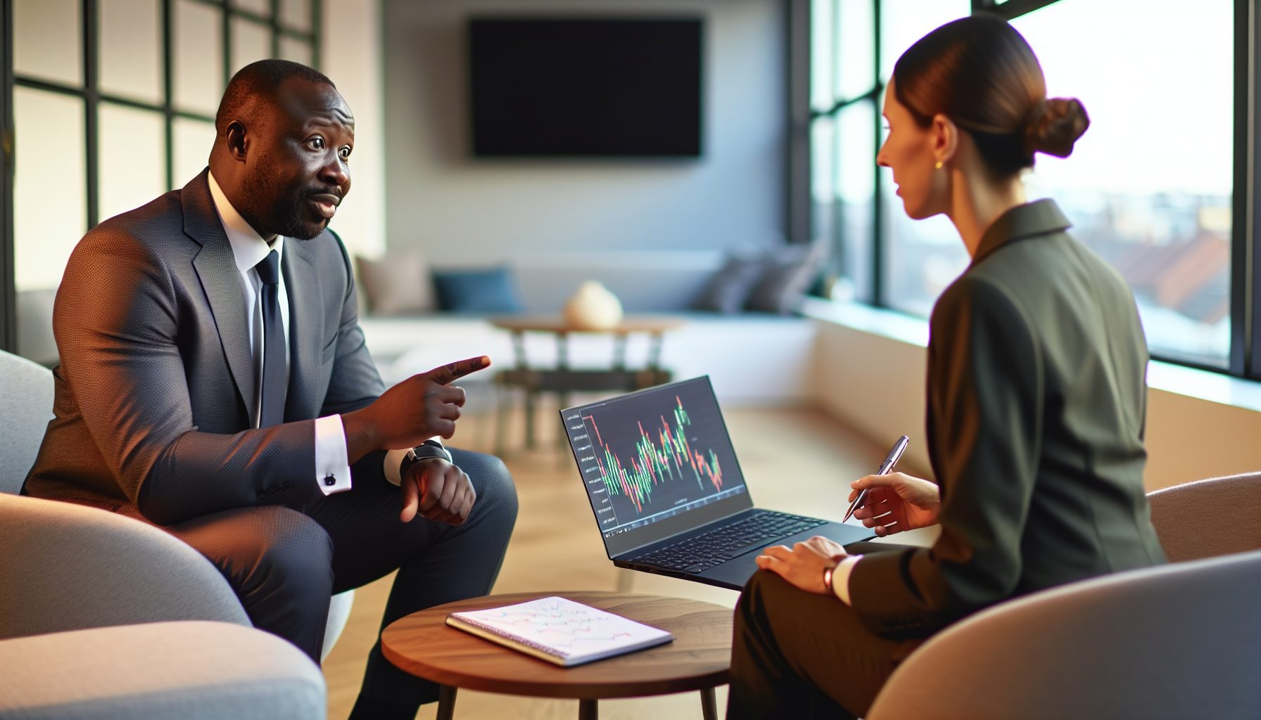 Photo of a person analyzing investment strategy with a financial advisor.