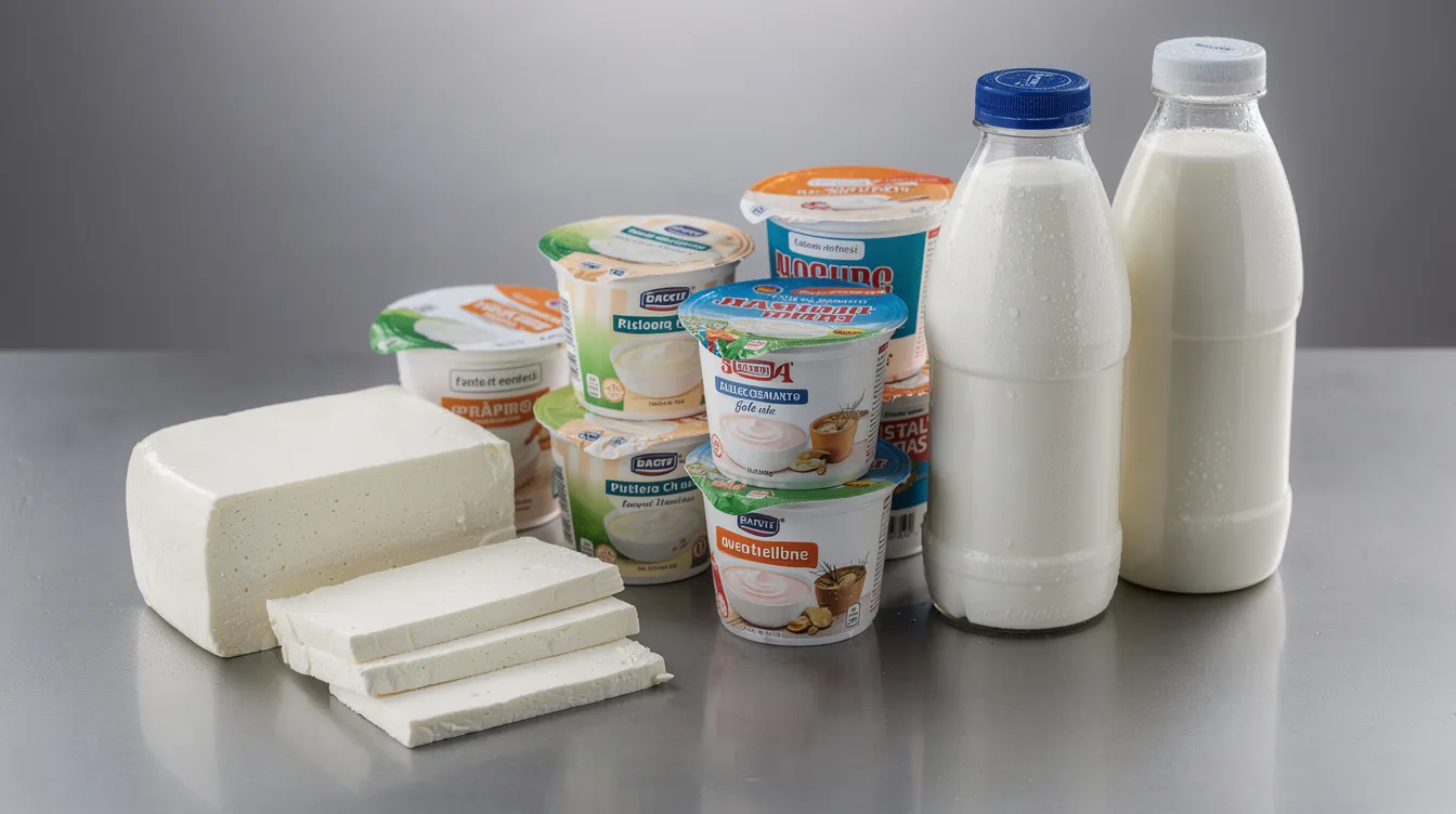 0a04e6fe 3942 4bb6 98c7 da7039384124 The image features an assortment of value-added dairy products, including neatly arranged blocks of paneer, cups of yogurt, and bottles of lassi, all displayed on a stainless steel surface. This setup highlights the potential of dairy entrepreneurship development schemes, showcasing products that can contribute to steady cash flow for dairy farmers and small dairy units.