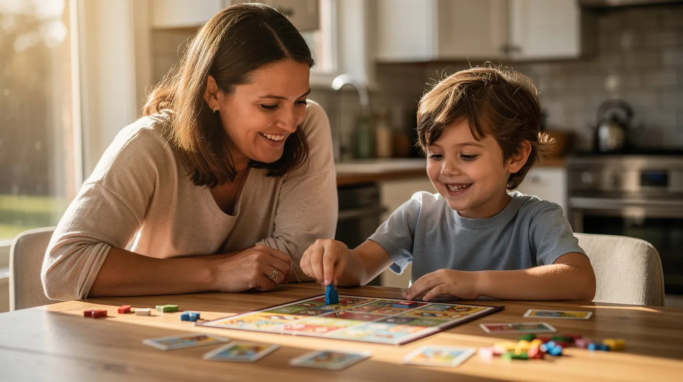 A parent and child sit together at a kitchen table, engaged in a board game that fosters cognitive skills and critical thinking. This collaborative learning experience supports the child's academic success and encourages a positive learning environment.