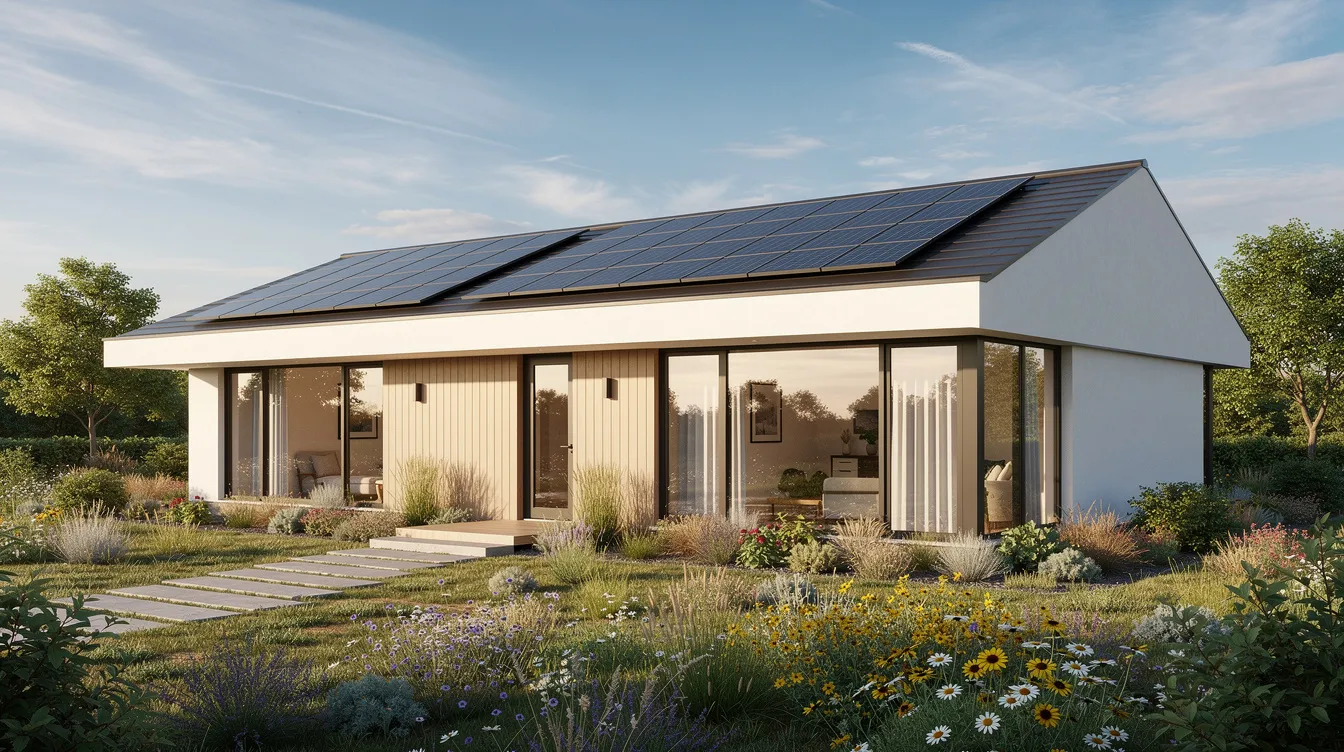The image depicts a modern eco-friendly home featuring solar panels on the roof and energy-efficient windows, showcasing environmentally responsible design. This green home exemplifies sustainable living practices, contributing to improved indoor air quality and reduced environmental impact.