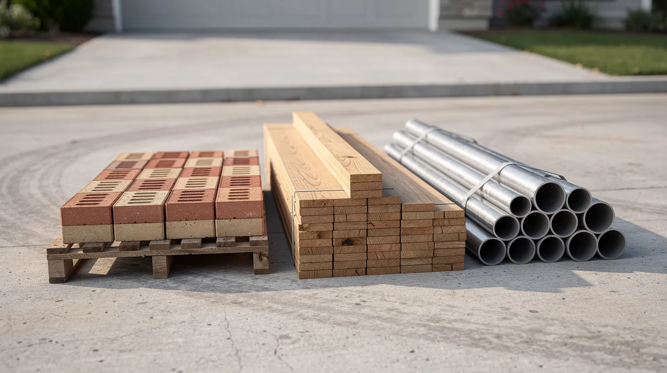 Sorted piles of construction materials including lumber, brick, and metal pipe stacked on a concrete driveway
