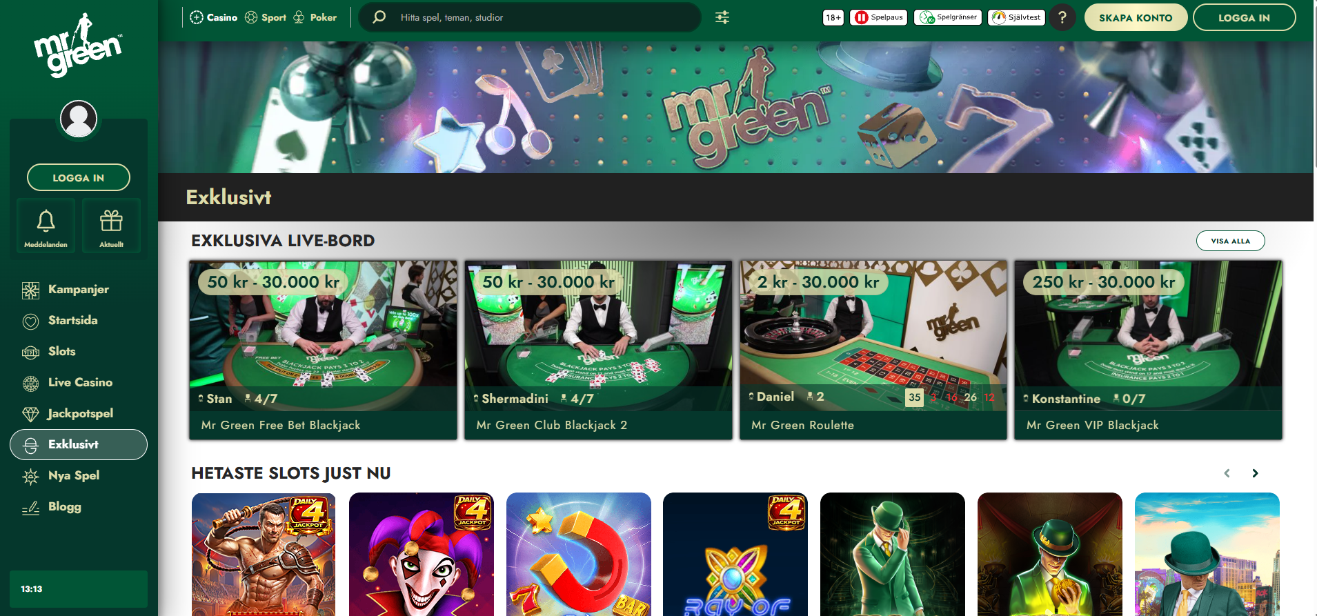 Mr Greens exklusiva spel med livebord och slots.