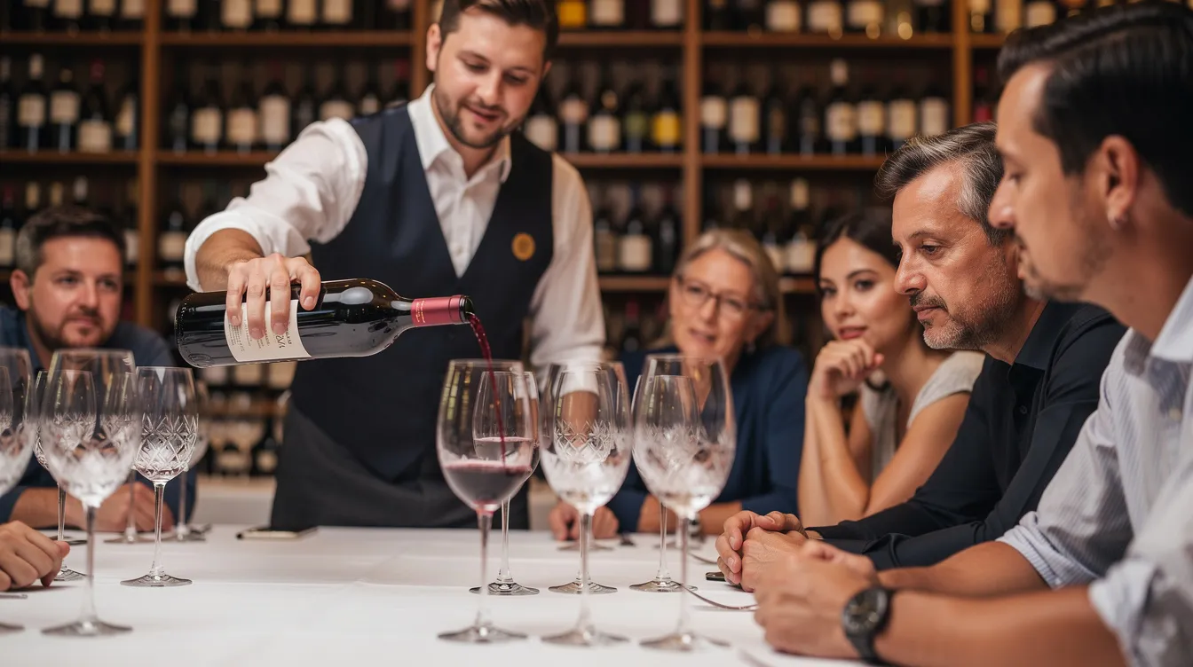 Un sommelier versant du vin dans des verres devant un groupe attentif, lors d'un cours d'œnologie à Paris. L'atmosphère est conviviale, mettant en avant la passion pour les vins et la gastronomie française.