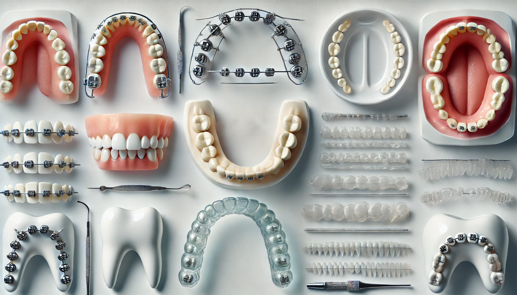 Ulike tannmodeller og reguleringssystemer vist ovenfra, inkludert tradisjonelle tannreguleringer, usynlige skinner og tannverktøy.