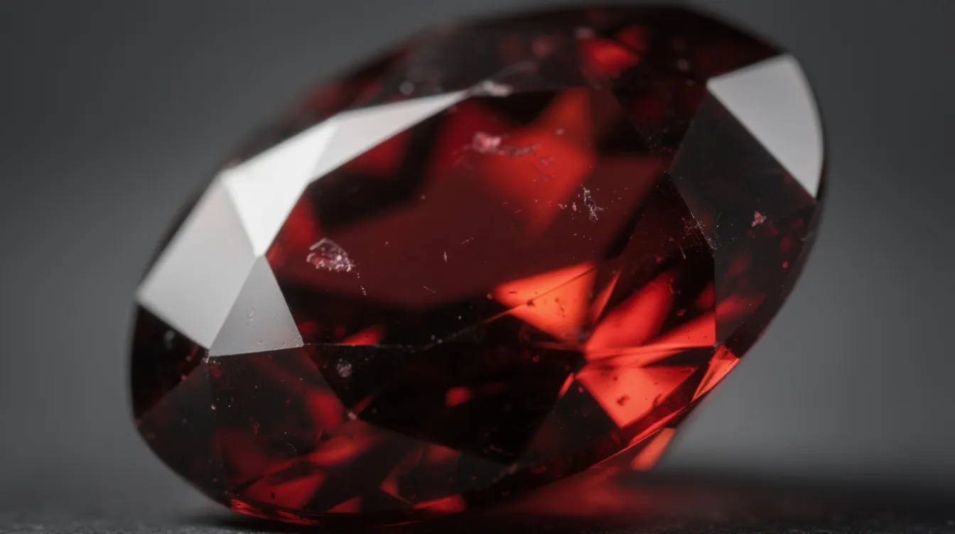 The image showcases a close-up view of a deep red garnet gemstone, highlighting its brilliant facets that reflect light beautifully. As January's birthstone, garnet is known for its rich color and is often used in various types of jewellery, including rings and necklaces.
