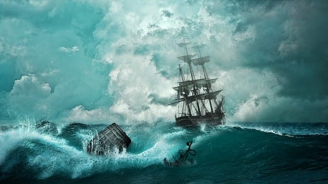 Painting of a ships in choppy waters