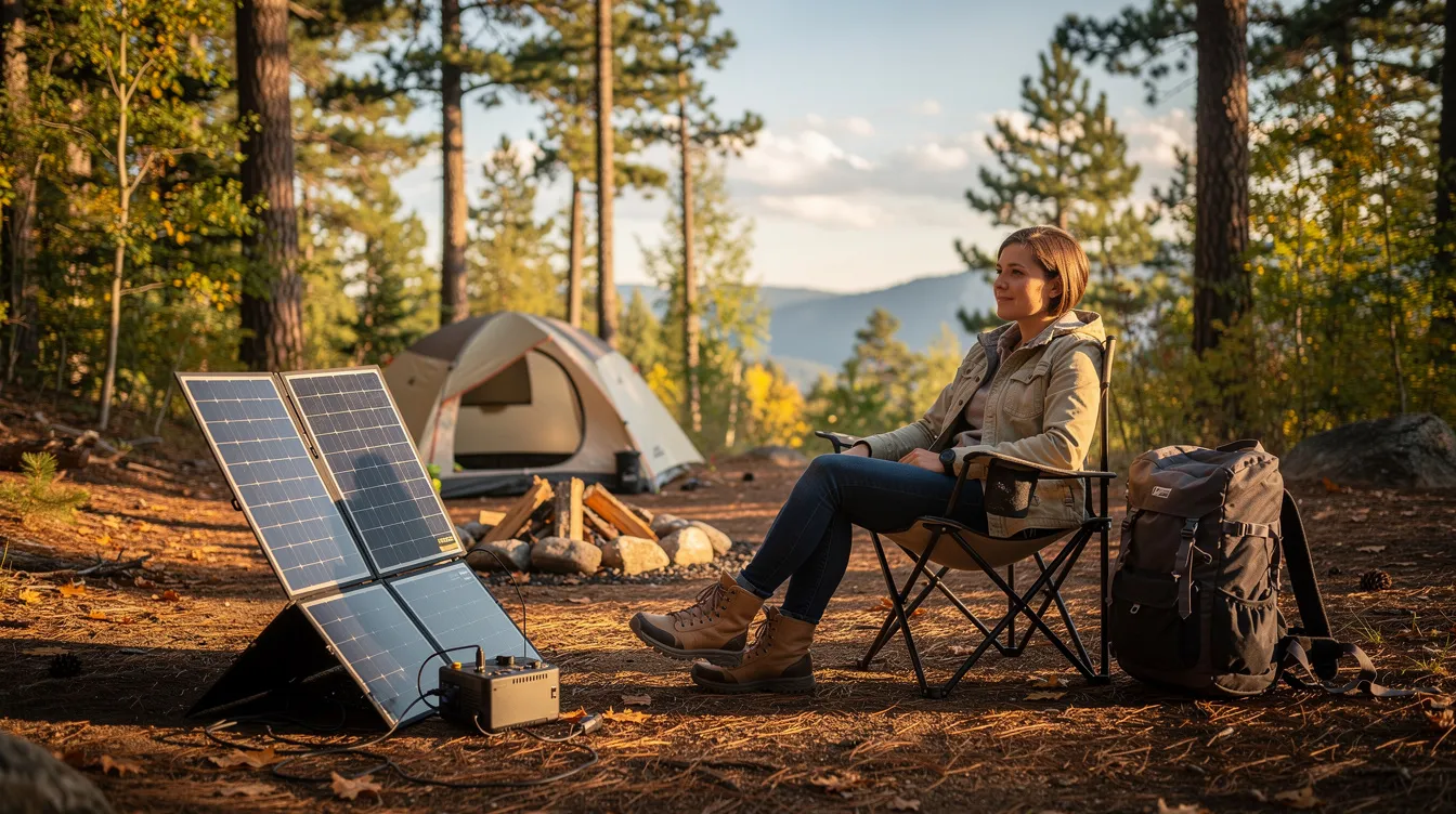 A person is sitting comfortably in a camping chair beside a folding solar panel at a campsite, enjoying the sun's energy while utilizing solar power gadgets for charging devices. The scene captures the essence of outdoor living, showcasing the convenience of solar charging for a portable power station.