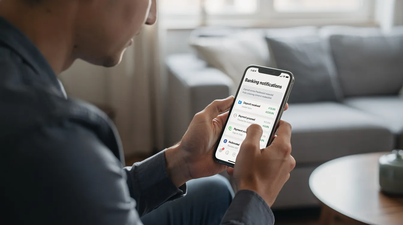 A person is holding a smartphone and checking their banking notifications, likely reviewing their credit report and recent credit card bills. This action can be vital for managing their credit history and ensuring timely payments to maintain a good credit score.