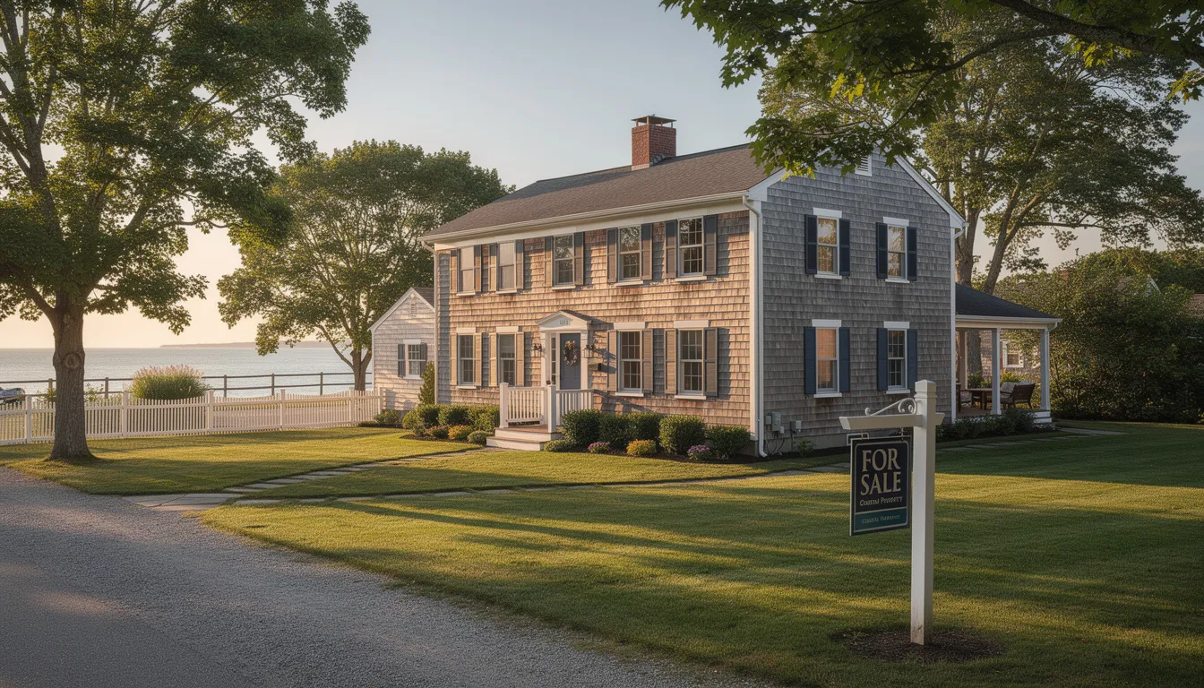 The image depicts a charming coastal Connecticut home with a "For Sale" sign prominently displayed in the front yard, signaling potential buyers in the real estate market. This inviting property is ideal for prospective property consumers looking to explore home selling trends in Fairfield County.
