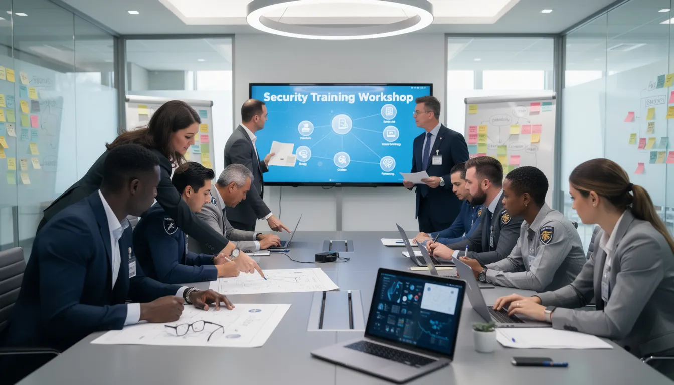 The image depicts a group of security professionals engaged in a collaborative training workshop, discussing strategies to enhance their incident response plans and tackle cyber threats. They are focused on analyzing data and sharing insights on the evolving cyber threat landscape, emphasizing the importance of human oversight alongside AI tools in protecting sensitive data.