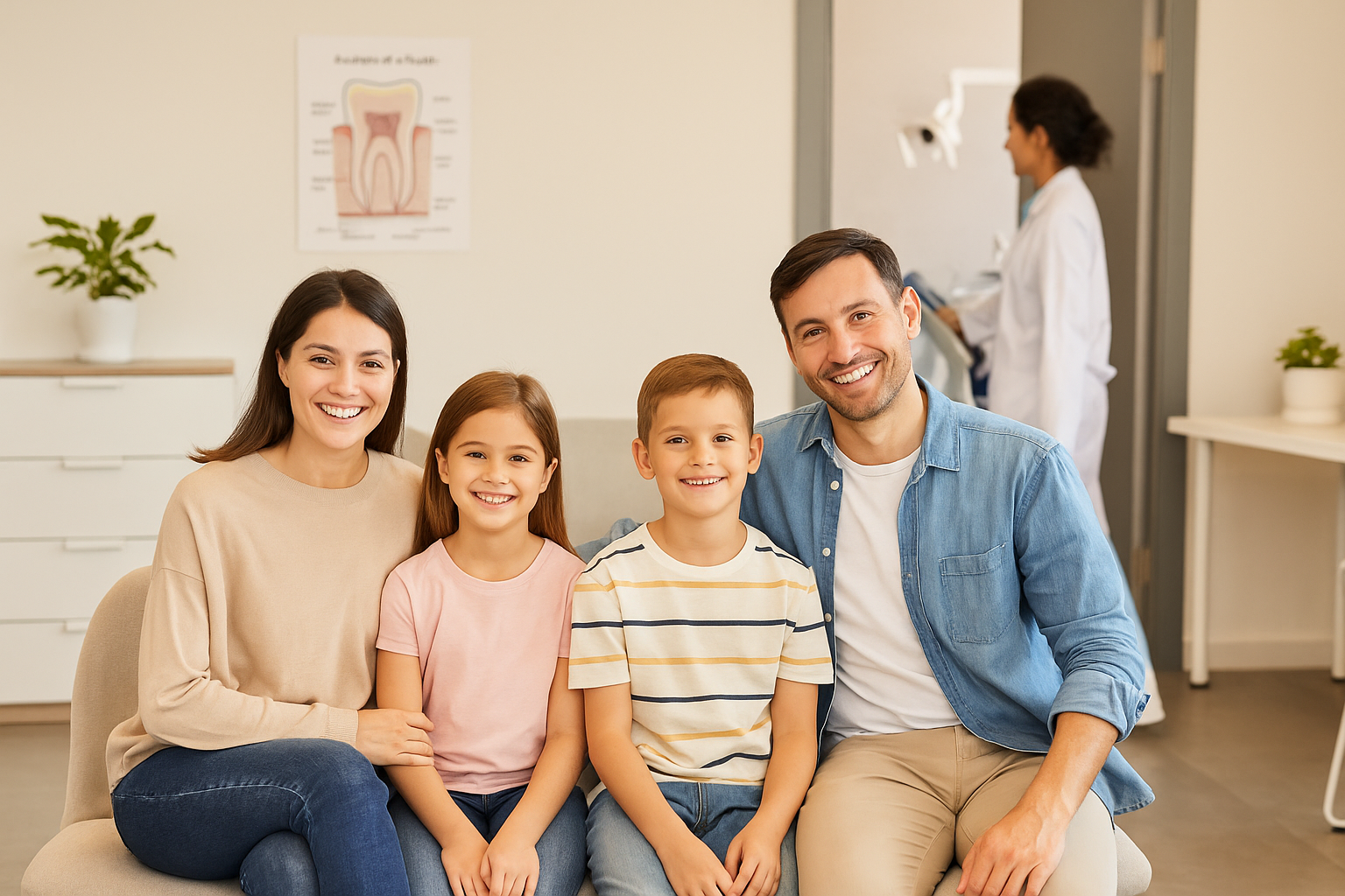 In a bright and welcoming dental office, a smiling family of four sits comfortably in a modern waiting room, exuding confidence in their dental care. In the background, a friendly dentist or hygienist interacts with a patient, while dental posters and models subtly emphasize the importance of preventive care and the benefits of having a comprehensive dental plan.