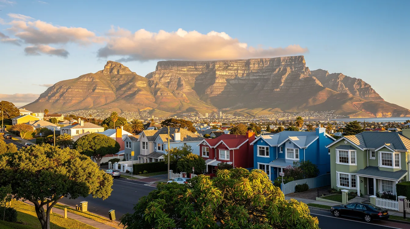 The image depicts a scenic view of Cape Town suburbs with the iconic Table Mountain towering in the background, showcasing a vibrant residential area. This picturesque setting is ideal for enjoying quality entertainment, and local DSTV installation services can enhance your viewing experience with professional installation and repair services for various DSTV equipment.