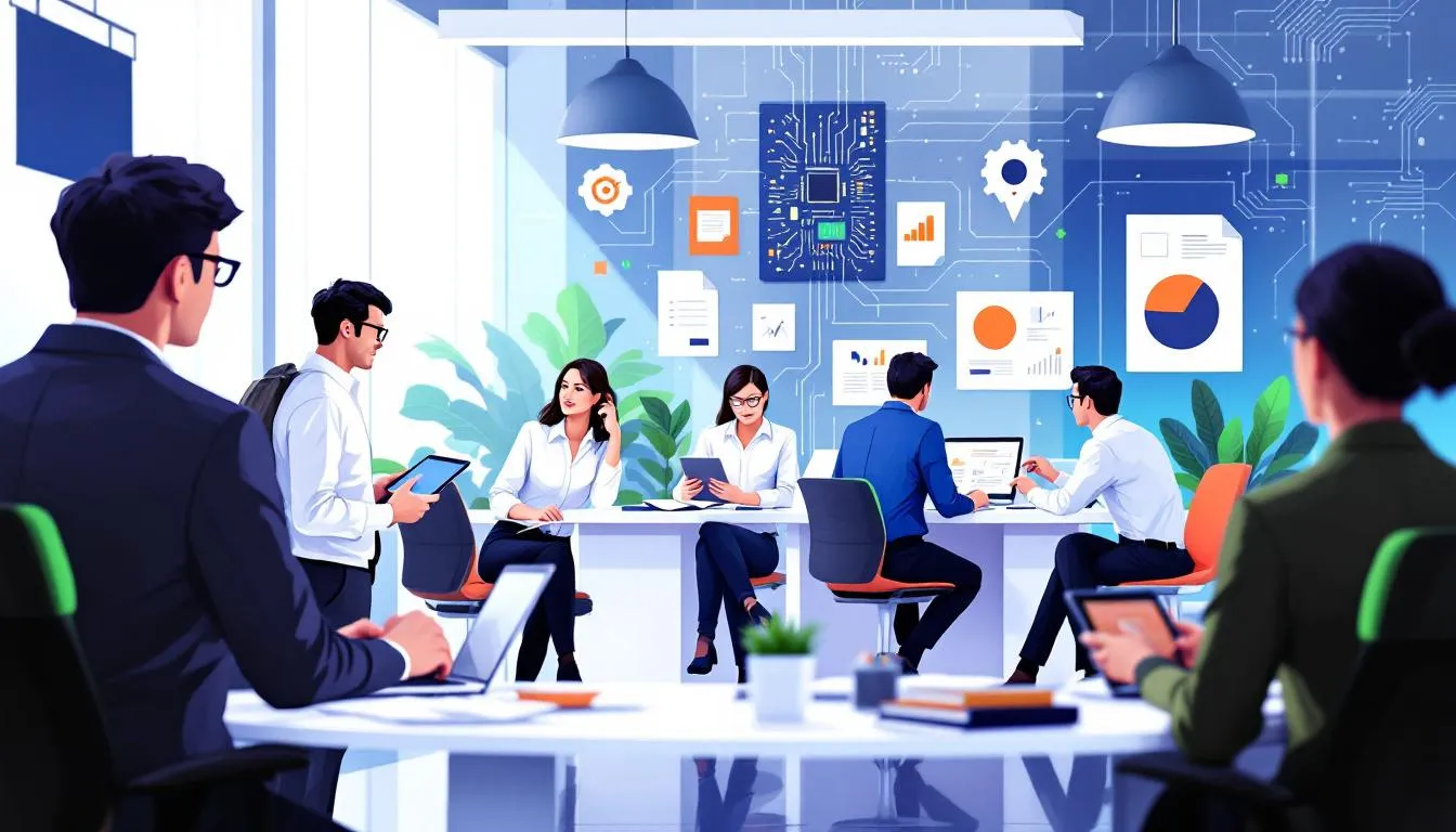 Customer support in PCB manufacturing, depicting a team assisting clients.