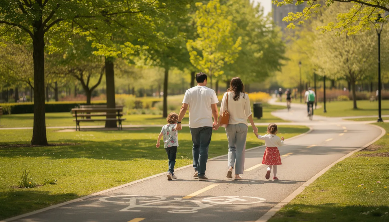 Rodzina z dziećmi spaceruje po parku w Warszawie Bielany, otoczona drzewami i ścieżką rowerową, ciesząc się świeżym powietrzem i urokami jednej z najbardziej zielonych dzielnic Warszawy. W tle widać tereny zielone, które zachęcają do aktywnego spędzania czasu na świeżym powietrzu.