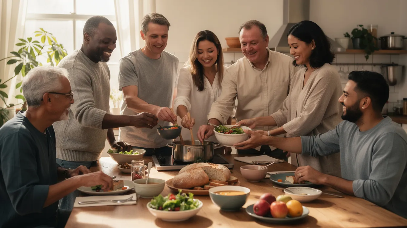 A diverse group of people is gathered around a table, joyfully preparing and sharing a simple meal together, embodying the spirit of community and fellowship. This scene reflects the teachings of Jesus Christ, promoting love and unity among all, as they engage in conversation and laughter, reinforcing the bonds of friendship and faith.