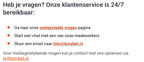 Tonybet klantenservice
