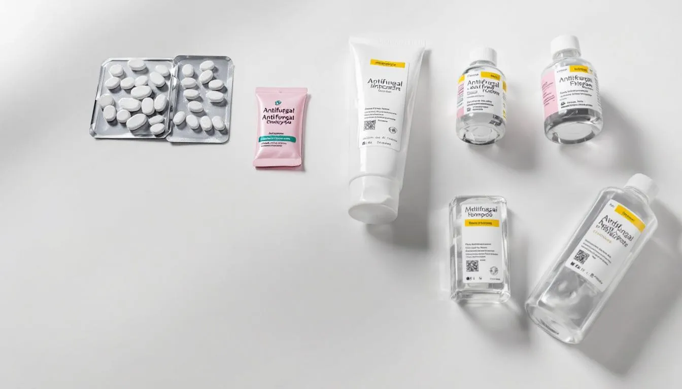 The image displays a variety of antifungal medications, including oral tablets, topical creams, and medicated shampoo bottles, neatly arranged on a veterinary examination table. These treatments are essential for diagnosing and treating ringworm infections in infected animals, particularly dogs, to combat the highly contagious skin disease caused by fungal organisms.