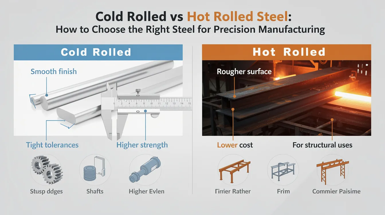 The image illustrates the comparison between cold rolled and hot rolled steel, highlighting their distinct characteristics such as the smooth surface finish of cold rolled steel versus the rougher, scaled surface of hot rolled steel. It emphasizes the importance of choosing the right steel type for precision applications, where tighter tolerances and exact dimensions are crucial for manufacturing processes.