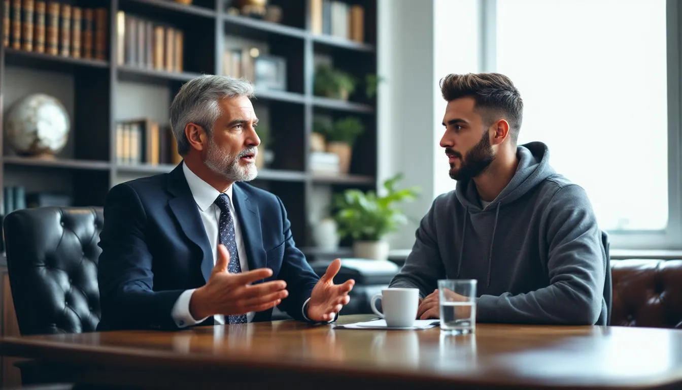 A Durham criminal defense lawyer is seated at a law office table, engaged in a serious discussion with a client regarding drug charges. The attorney is providing legal representation and guidance on the potential consequences of the criminal charges the client faces, emphasizing the importance of a strong defense in navigating the legal system.
