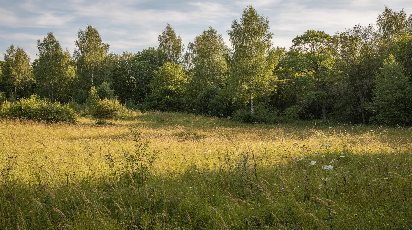 The image depicts a wide landscape of a meadow edge where tall grass meets a wooded border, creating a natural habitat that may harbor various tick species, including the american dog tick. This serene scene highlights the importance of being aware of ticks, particularly in grassy areas during the active spring and summer months, as they can transmit diseases such as lyme disease and rocky mountain spotted fever.