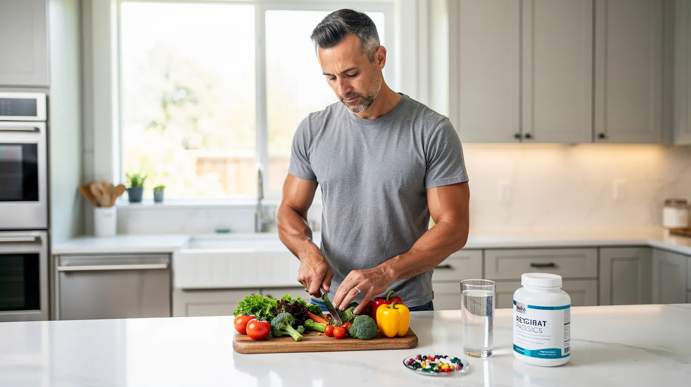 A man in his 40s is seen preparing a healthy meal in a modern kitchen, with various fresh ingredients and supplement capsules, including testosterone support products, displayed on the counter. This scene reflects a commitment to maintaining lean muscle mass and supporting healthy testosterone levels for a healthier life.