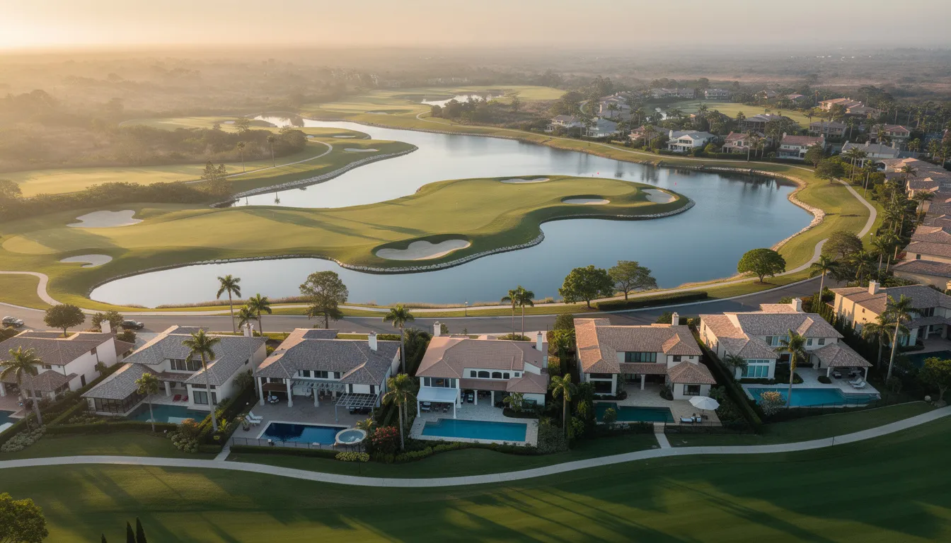 An aerial view showcases Cape Royal's championship golf course, surrounded by serene lakes and luxurious homes within a gated golf course community. This highly desired golf community in Cape Coral features beautifully updated properties, offering residents a picturesque landscape to enjoy their active lifestyle.