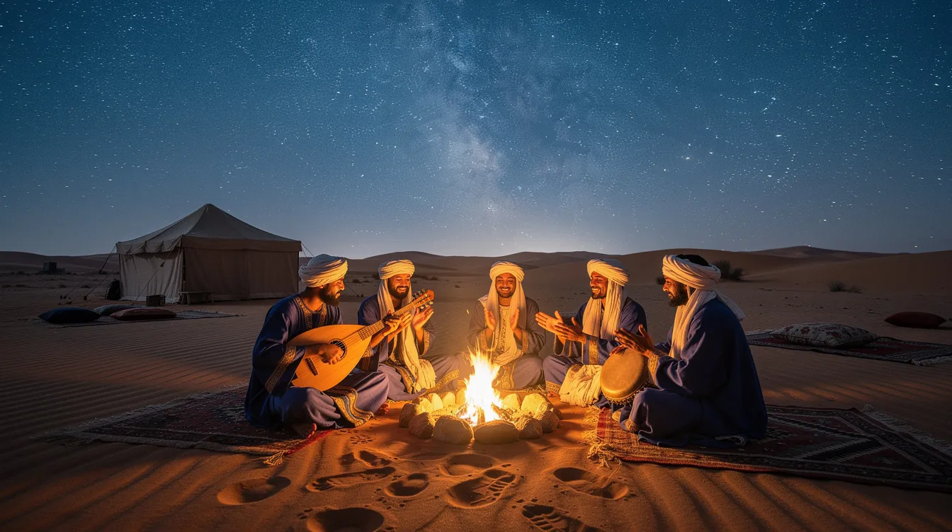 A group of Moroccan musicians is gathered around a warm fire in a Sahara desert camp, performing traditional Moroccan music under a starlit sky, creating a vibrant atmosphere filled with hypnotic rhythms and the sounds of various instruments. The scene captures the essence of Moroccan folk music and the rich cultural heritage of North Africa.