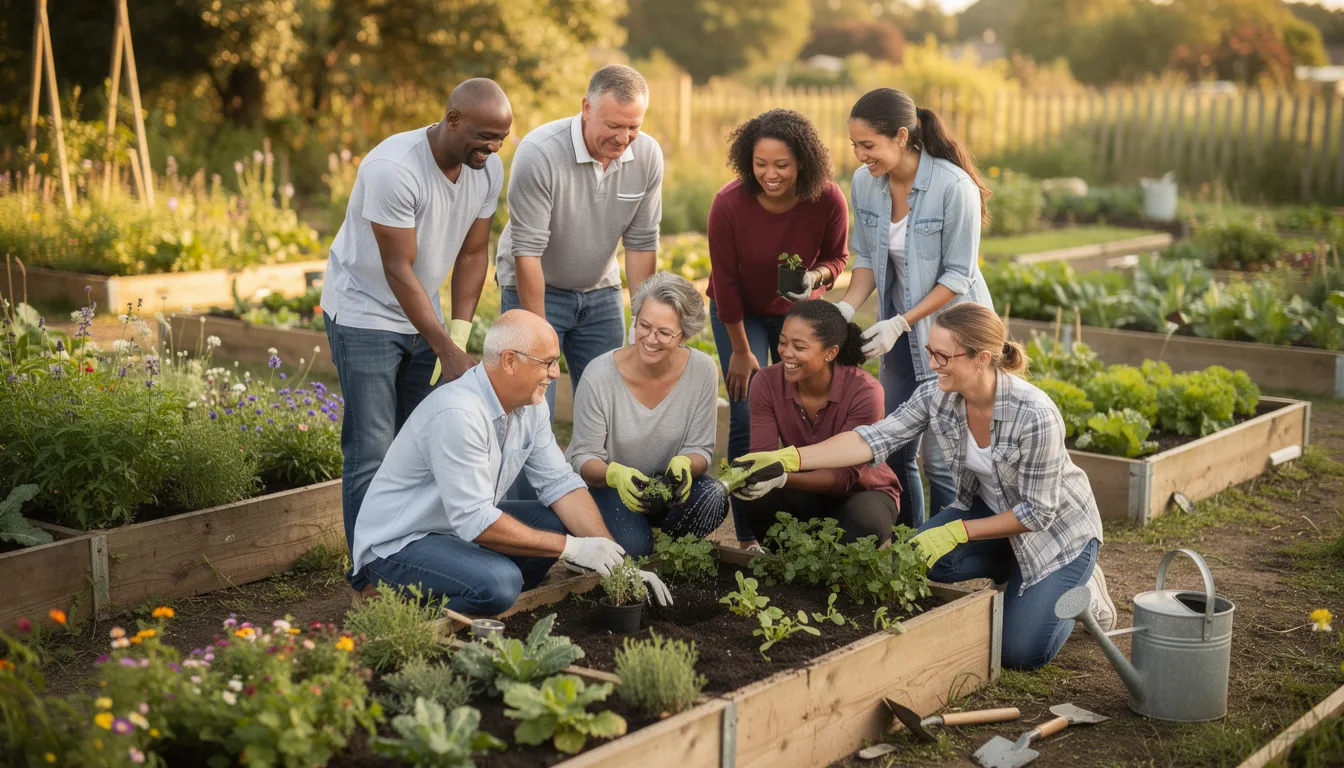 Eine Gruppe von Menschen arbeitet gemeinsam an einem Gartenprojekt, umgeben von verschiedenen Pflanzen im Hintergrund. Die Szene zeigt die Zusammenarbeit und das Engagement der Teilnehmer, während sie sich mit der Pflege und dem Anbau von Pflanzen, möglicherweise auch Cannabis, beschäftigen.