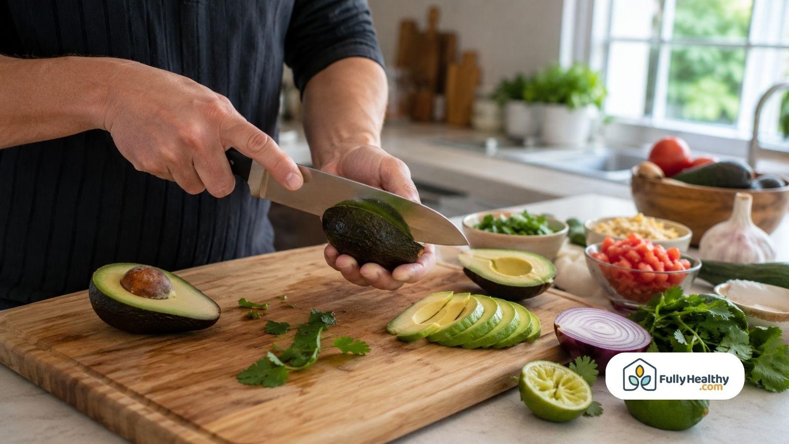 Person slicing ripe avocado on wooden board beside fresh kitchen ingredients