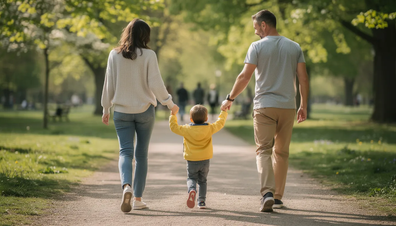 A family is walking together outdoors, with the parents holding their child's hands, enjoying a sunny day. This image reflects the joy of family life, contrasting with the serious implications of birth injuries, which can affect a child's future and may require the expertise of experienced birth injury attorneys for legal claims.