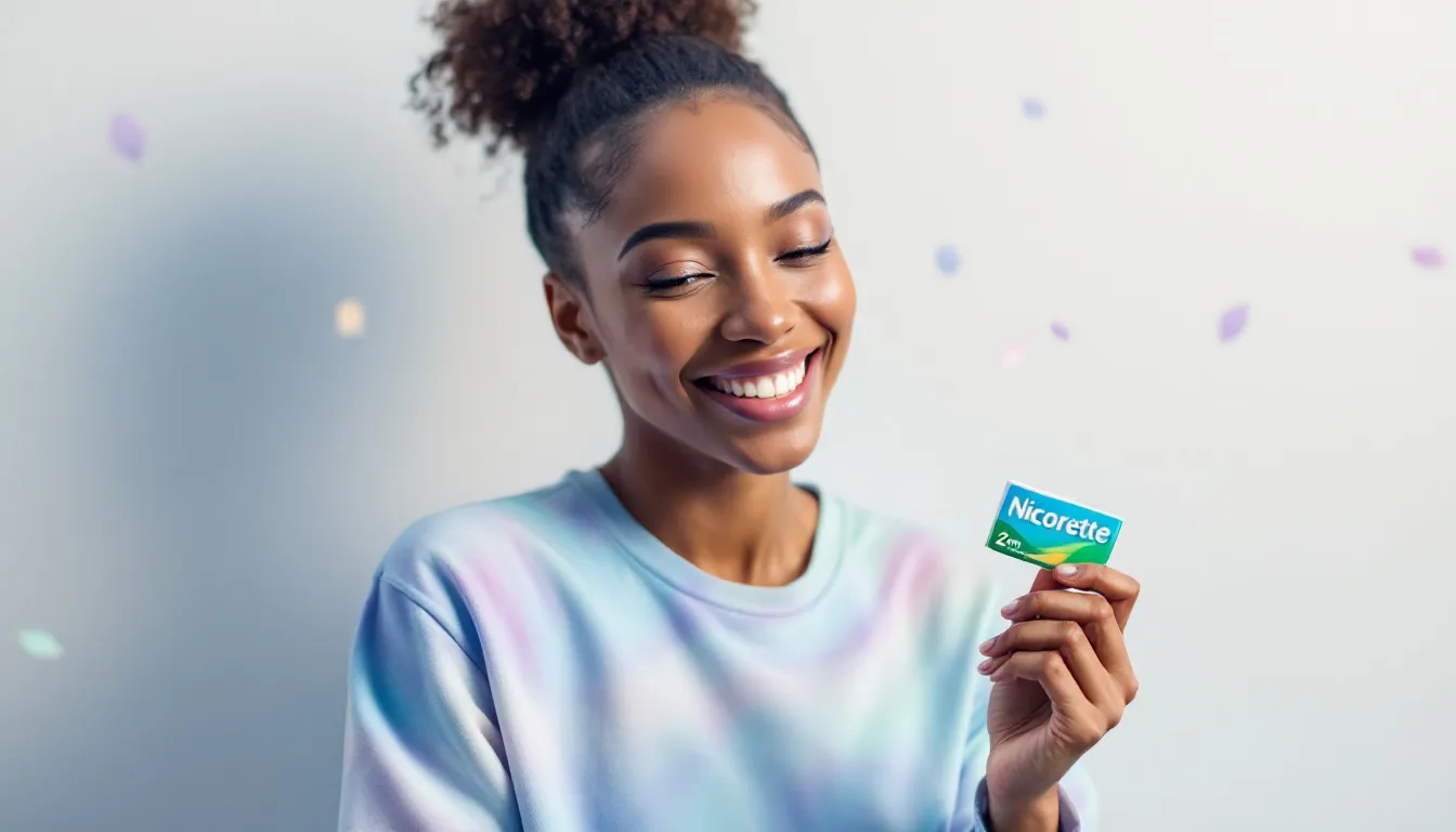 A person smiling while holding Nicorette gum 2mg, depicting the benefits of quitting smoking.