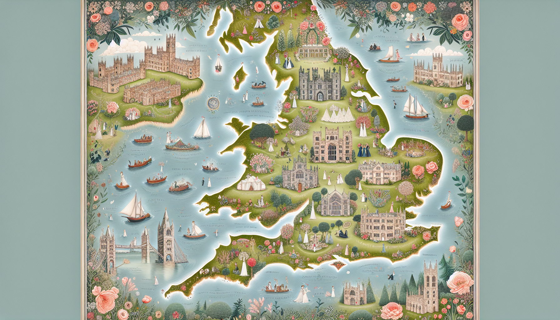 An illustration showcasing the best wedding venues in England.