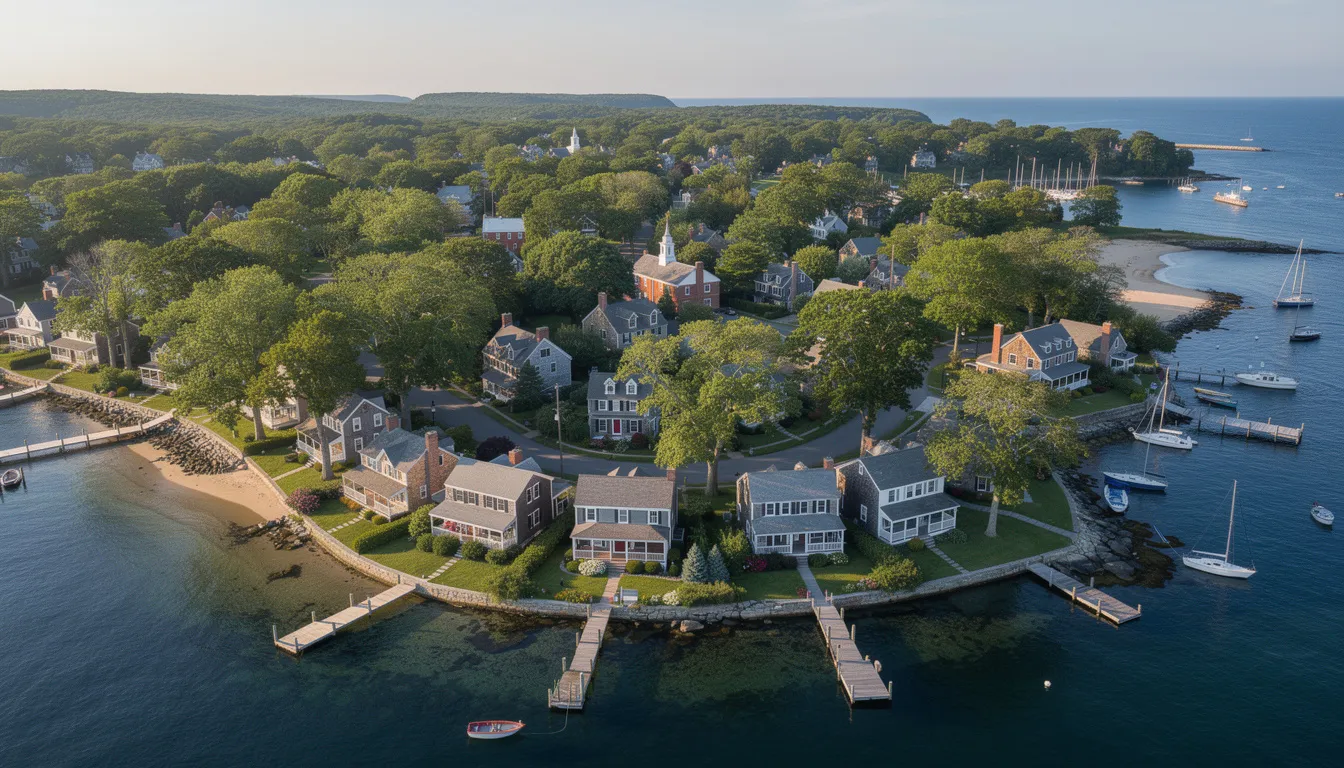An aerial view captures a picturesque New England coastal town, showcasing tree-lined streets and charming waterfront properties, ideal for real estate investors exploring off market listings. The vibrant neighborhood reflects a serene lifestyle, with potential for fierce competition among buyers seeking unique properties in Connecticut.