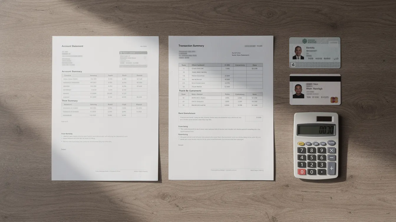 0a200e81 0490 4c49 968e 0d1ddc4ef3d2 The image features an organized collection of business documents, including bank statements and identity cards, alongside a calculator, all arranged neatly on a wooden table. This setup suggests a focus on financial assistance and the documentation needed for business loans, such as those under the Mudra Yojana scheme in India.