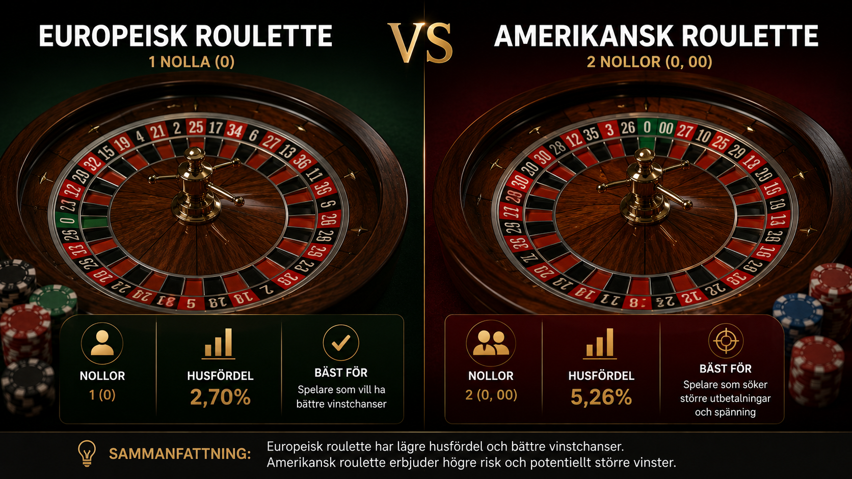 Infografik som jämför europeisk roulette och amerikansk roulette med skillnader i antal nollor och husets fördel.