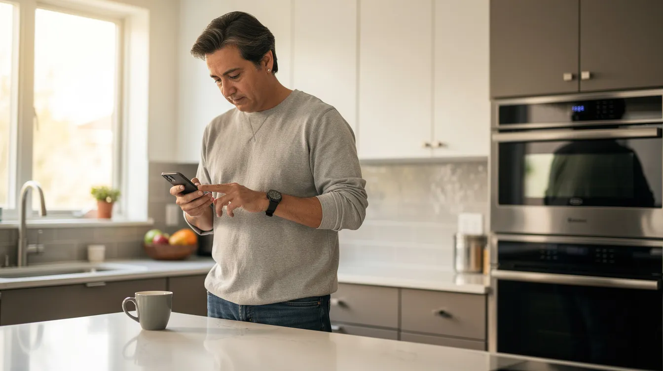 A person is standing in a residential kitchen, intently searching for information on their smartphone, possibly looking for emergency plumbing services to address a plumbing emergency in their home. The scene conveys a sense of urgency, suggesting they may be dealing with an issue like burst pipes or a broken water supply pipe.