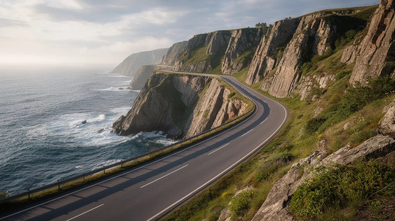 Un paisaje costero atlántico muestra acantilados imponentes y una carretera asfaltada que bordea el mar, ideal para viajeros que buscan alquilar un coche y explorar las maravillas naturales de Marruecos. Este destino ofrece una experiencia única con vistas espectaculares y la libertad de descubrir las zonas costeras a su propio ritmo.
