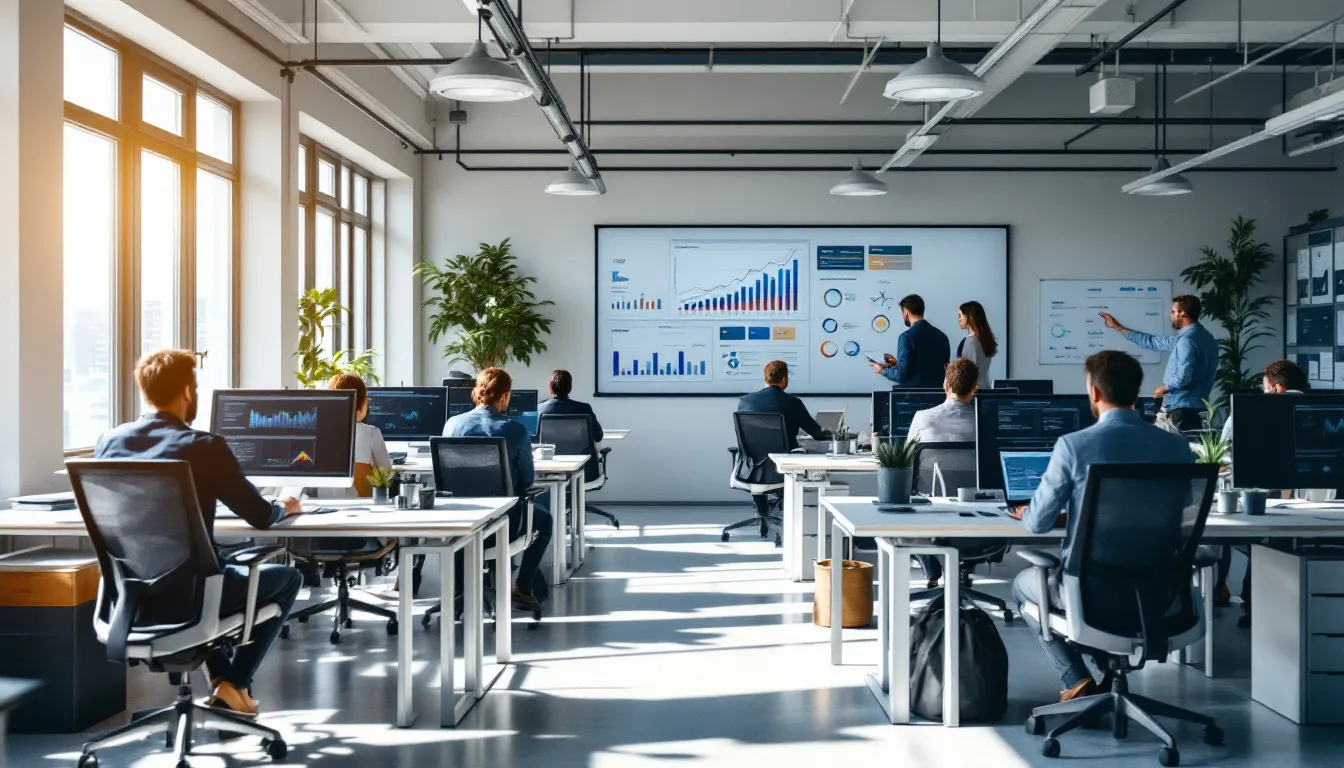 An SEO and digital marketing company is depicted, showcasing a diverse team collaborating on strategies to enhance online visibility and drive organic traffic. The image highlights elements of digital strategy, including discussions about SEO campaigns and technical SEO audits aimed at improving search engine rankings for clients worldwide.