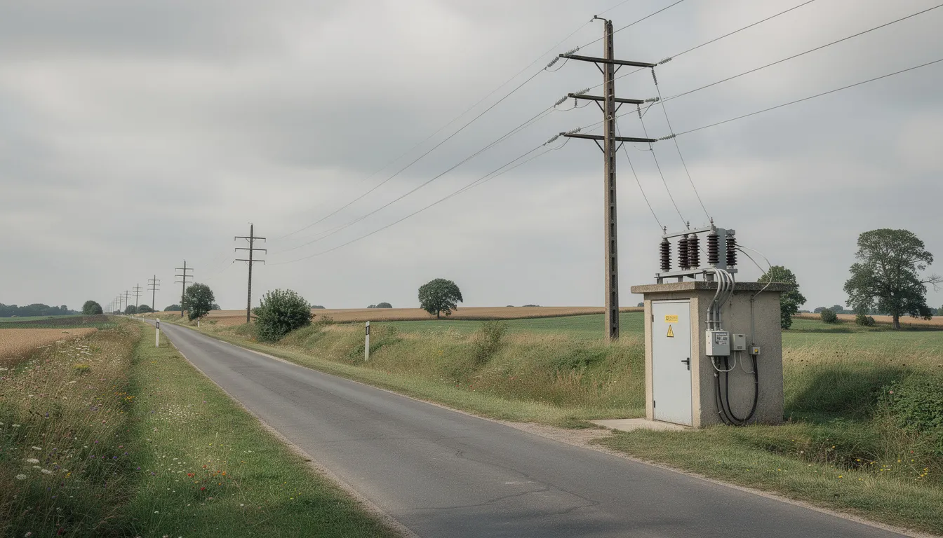 Na zdjęciu widoczna jest stacja transformatorowa usytuowana przy drodze wiejskiej, z wyraźnie zaznaczonymi liniami energetycznymi, które rozdzielają energię elektryczną do pobliskich gospodarstw domowych. Stacja ta pełni kluczową rolę w zapewnieniu bezpieczeństwa funkcjonowania mikroinstalacji oraz w zarządzaniu bieżącym zapotrzebowaniem na energię.