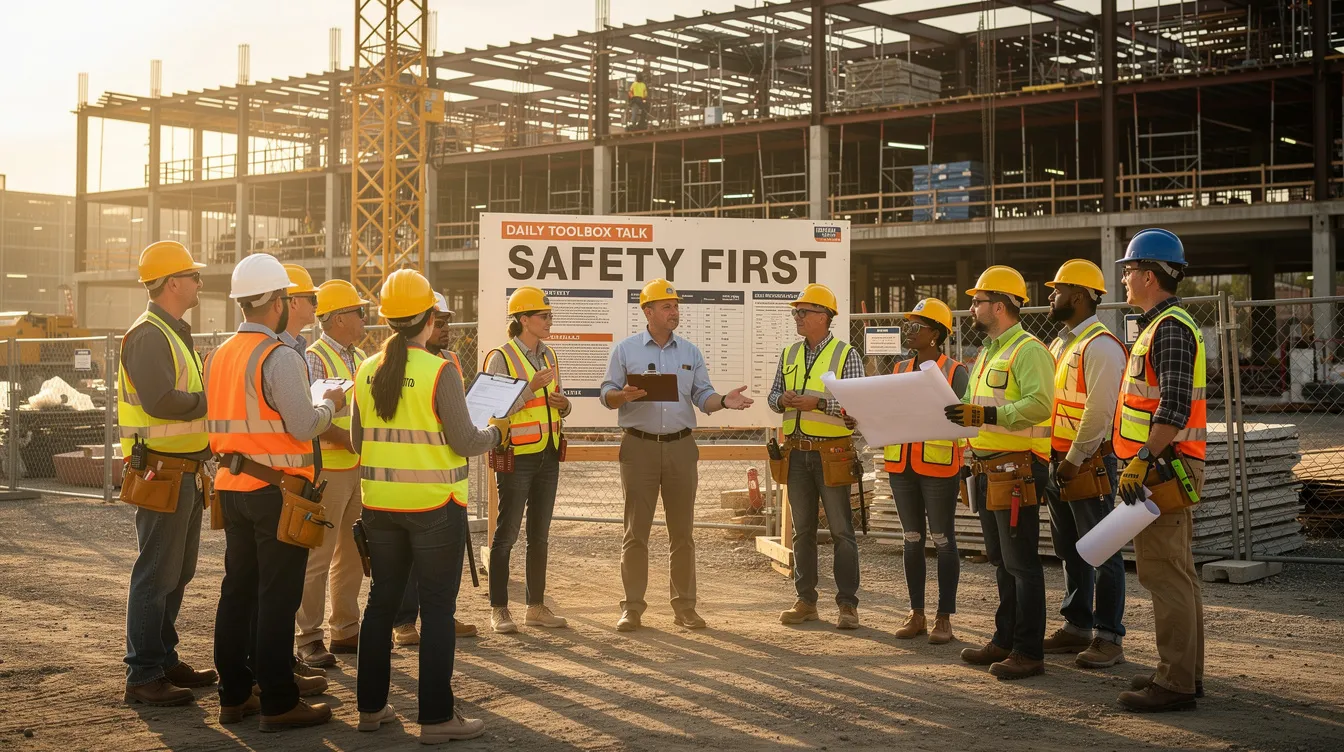 Construction supervisor speaking with a crew during a jobsite meeting.